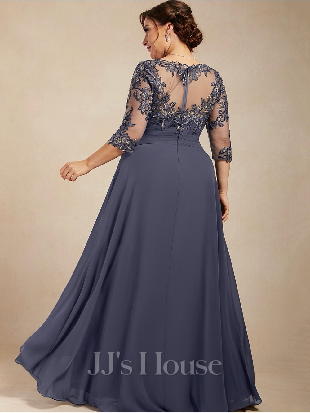 JJs House Silver Plus-Size Illusion Lace A-Line Gown - Picture 2 of 5